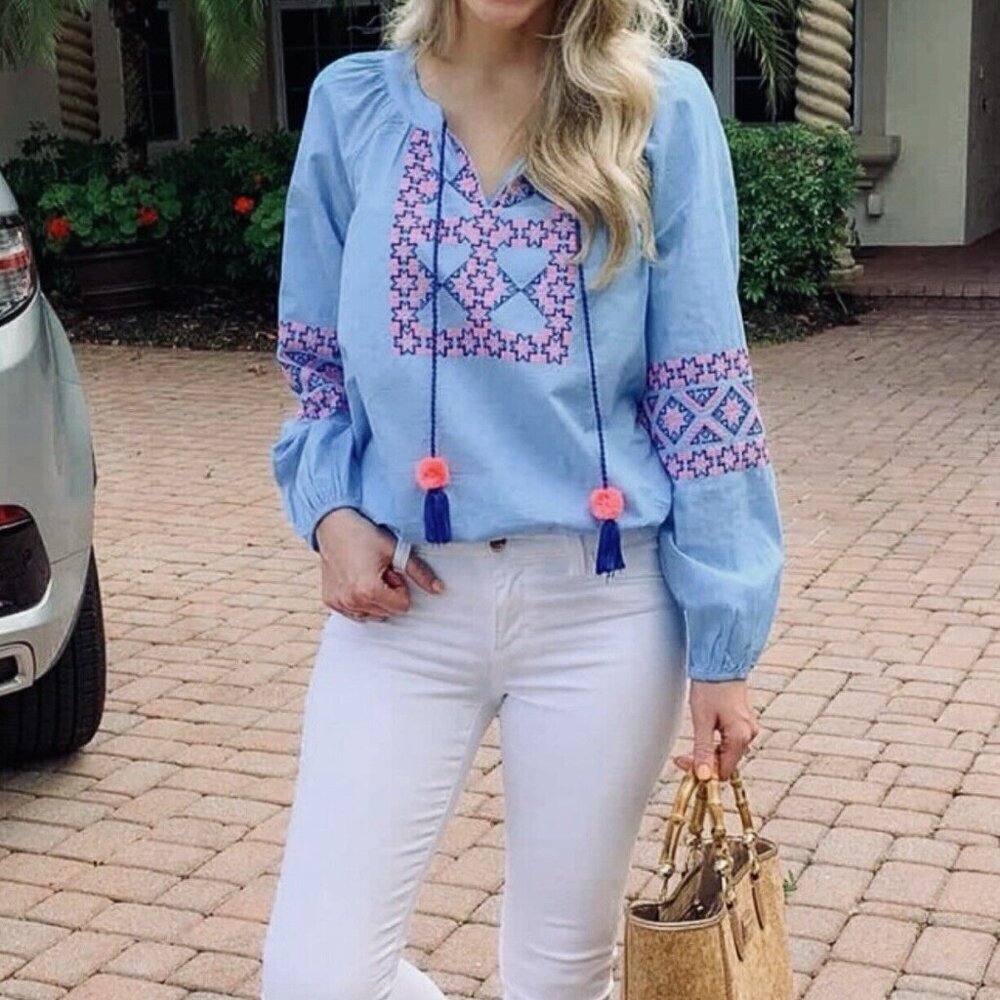 Lilly Pulitzer Cecile Zanzibar Resort Tunic Top Boho Peasant Light Blue Size S